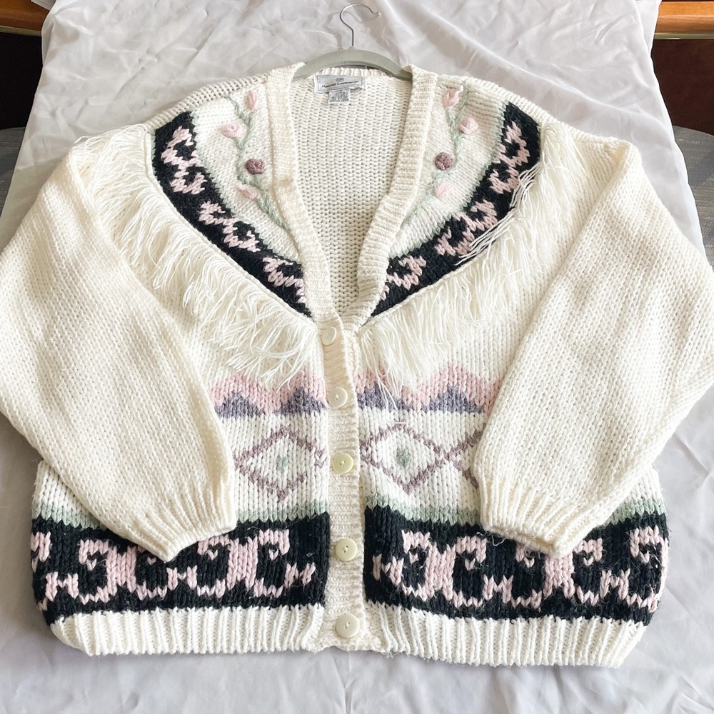 VINTAGE 80s fringe knit oversized statement unique cardigan sweater 22 / 24